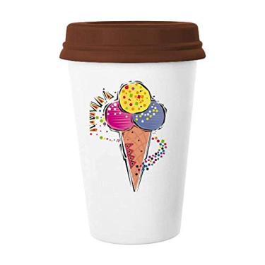 Imagem de Caneca de ilustração com elemento de bola de sorvete azul amarelo vermelho copo cerâmica tampa