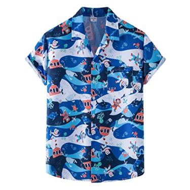 Imagem de Camisa masculina de verão casual para praia, solta, macia, manga curta, bolso com botões, memória, Azul, G