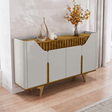 Imagem de Aparador Buffet 4 Portas MDF Ripado Real Pés de Madeira Maciça Tâmisa Off-White/Naturalle