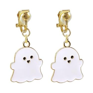 Imagem de Brincos de Halloween com clipe para mulheres e meninas, fofo, gótico, punk, vintage, pendurados, brincos de outono, fantasma, morcego de abóbora, sem piercing, conjunto de joias para crianças, Zinco, Sem pedra preciosa