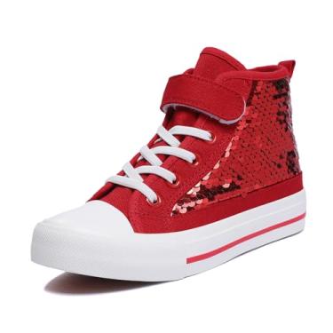 Imagem de Zoroadke Crianças pequenas lantejoulas glitter alta superior sapatos de lona meninas meninos casuais tiras ajustáveis ​​ao ar livre tênis caminhada tamanho 9 vermelho