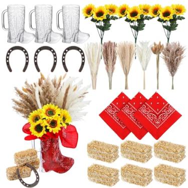 Imagem de Sliner 78 peças de centro de mesa de festa de cowboy ocidental com vasos de bota de caubói, decoração de grama de pampa seca, girassóis artificiais, ferradura da sorte, mini fardos de feno, bandanas
