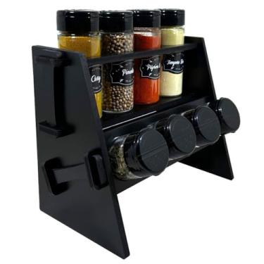 Imagem de Porta Temperos e Condimentos, 8 Potes com Tampa Dosadora, Suporte Preto com 2 Níveis, Inclui Adesivos