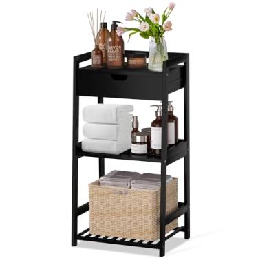 Imagem de POXAKA Prateleiras de banheiro de bambu de 3 camadas com gaveta, prateleira de escada para armazenamento de banheiro, design que economiza espaço, mesa de cabeceira elegante, solução de armazenamento