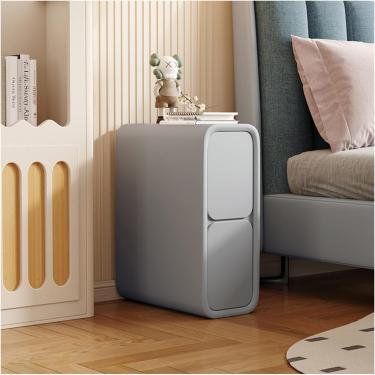 Imagem de Mesa lateral de sofá estreita | Mesa de cabeceira fina minimalista com 2 gavetas | Mesa de cabeceira de couro de microfibra, móveis de quarto de madeira para espaços pequenos, cinza claro, 25 x 40 x