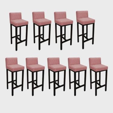 Imagem de Kit 09 Banqueta Alta Com Encosto Loren Cozinha Balcão Bistrô Base Madeira Preto Suede Rose Gold - Ahz Móveis