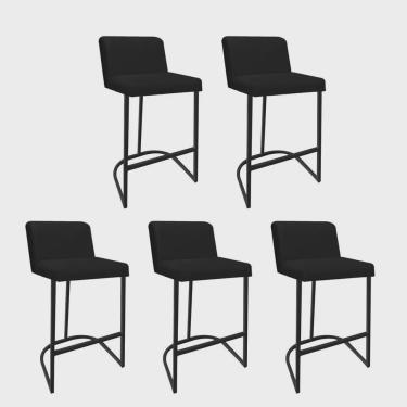Imagem de Kit 05 Banquetas Com Encosto Noah Luxo Confort Bistrô Cozinha Ferro Preto Suede Preto - Ahz Móveis