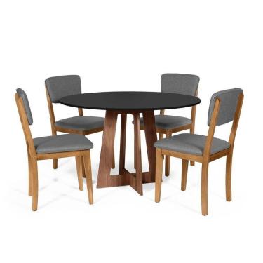 Imagem de Mesa De Jantar Redonda Montreal Pret/nor Com 4 Cadeiras Estofadas Ella Cinza Escuro