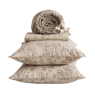 Imagem de Puralens Jogo de lençol Queen floral vintage, bege, 100% algodão, estampa de flor gasta, chique, lençol com elástico alto, lençol com elástico alto, 4 peças