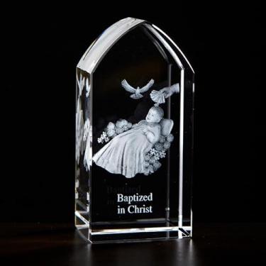 Imagem de Christian Brands Decoração de casa - Bloco de vidro gravado a laser em forma de janela de catedral por Jeweled Cross, 3,8 cm L x 8,3 cm A, batismo