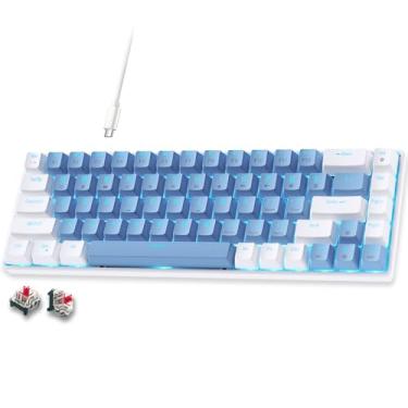Imagem de abucow Teclado mecânico para jogos 60%, teclado compacto com fio vermelho com luz de fundo azul, teclas brancas e azuis intercambiáveis, para Windows/Mac