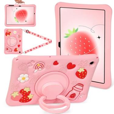 Imagem de HaOaMoEo Capa para Samsung Galaxy Tab A9 Plus de 11 polegadas (SM-X210/X216/X218) linda capa de morango para mulheres meninas crianças desenho 3D alça giratória suporte e alça de ombro silicone macio
