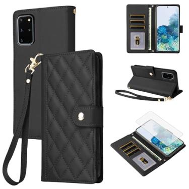 Imagem de Furiet Capa carteira para Samsung Galaxy S20 Plus S20+ 5G com protetor de tela de vidro temperado, alça de pulso destacável, couro luxuoso, compartimento para cartão, capa para celular para S20+5G