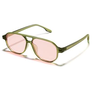 Imagem de VANLINKER Óculos de sol aviador retrô anos 70 para mulheres e homens, clássico, quadrado, vintage, moderno, hexagonal, 2025 UV400 VL9870, Armação verde claro C4/Lente rosa claro, middle