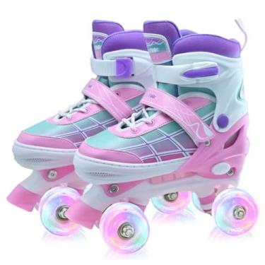 Imagem de Patins para crianças, quadriciclos ajustáveis para meninos e meninas de 12 a 14 anos com rodas iluminadas, patins infantis para iniciantes rosa gradiente tamanho 5 6 7 8 para ambientes internos e