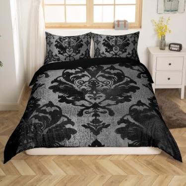 Imagem de jejeloiu Jogo de cama infantil adulto cinza preto damasco gótico antigo vitoriano barroco conjunto de cama king size flor vintage floral, sem edredom