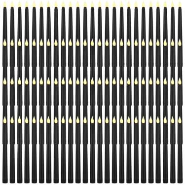 Imagem de Baquler 100 peças pretas de 24 cm de LED sem chama, velas cônicas operadas a pilhas, castiçais cintilantes para decoração de mesa de casamento, igreja, feriado