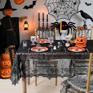 Imagem de LuoluoHouse Toalha de mesa preta de renda de Halloween, 137 x 182 cm, retangular de tule, filme assustador, lavável, capa de mesa lavável para decoração de festa em casa assombrada, piquenique, jantar