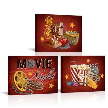 Imagem de Canvbay 3 peças arte de parede de cinema vermelho vintage cinema impressão em tela com rolos de filme, pipoca e quadro de palmas, quadro de sinalização noturna, para decoração de sala de mídia