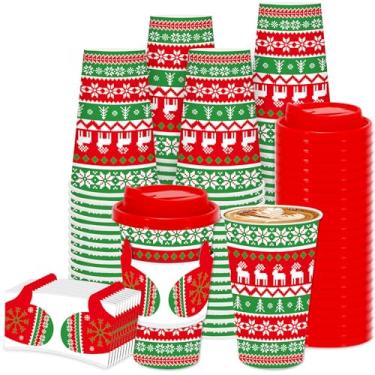 Imagem de JarThenaAMCS Conjunto de 48 copos de café descartáveis de Natal com tampas mangas vermelho verde suéter feio luvas copos de papel para festas de Natal, inverno, férias