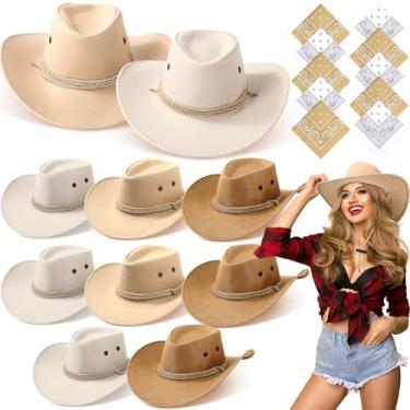 Imagem de Coume Conjunto de 10 chapéus de cowboy e bandana para mulheres e homens, 10 chapéus de caubói de feltro, 10 bandanas ocidentais para festa à fantasia de adultos (amarelo claro, branco, estilo vintage)