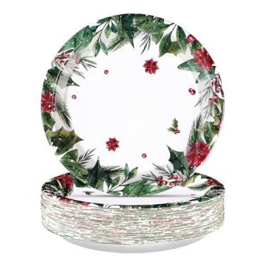 Imagem de Greencian 50 peças, pratos de papel de Natal, 25,4 cm, folhas verdes, poinsétia, azevinho, pratos de Natal, descartáveis, sazonais, inverno, sobremesas, utensílios de mesa para Natal, inverno, férias