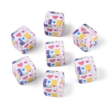 Imagem de DanLingJewelry 50 peças de contas de cubo de coração impressas em acrílico opaco de 14 mm quadrado amor padrão de coração contas espaçadoras para cordão faça você mesmo pulseira de miçangas Mking