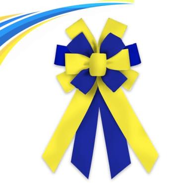 Imagem de Blinket Grande laço de cetim azul amarelo para coroas de flores – 29 × 51 cm laços de guirlanda de mola para decoração de férias ao ar livre porta da frente, laço extra grande para porta de árvore de