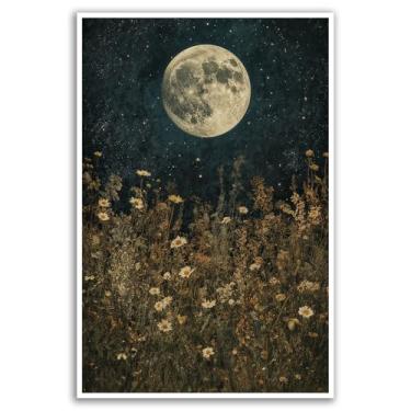 Imagem de FWLBUGRA Arte em tela de jardim à luz do luar, decoração de parede botânica escura, pôster floral gótico, pintura de flores noturnas, impressão de lua elegante, decoração de escritório em casa