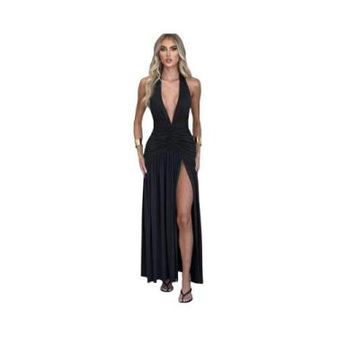 Imagem de Vestido Elegante Feminino Longo Com Decote Halter Em V, Costas Descobe