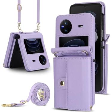 Imagem de Capa carteira flip para vivo, porta-cartões com bloqueio RFID e alça destacável, couro durável e TPU, 4 compartimentos para cartão, proteção contra quedas, capa flip com suporte para uso diário (roxa)