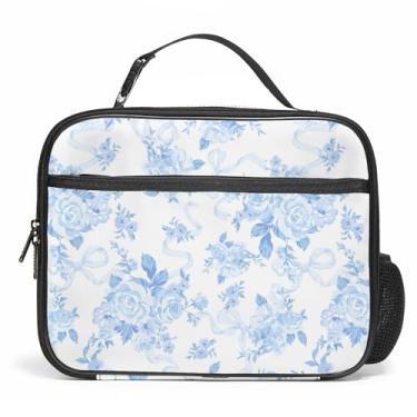 Imagem de Lancheira grande, lancheira reutilizável isolada com suporte para garrafa de água, portátil, impermeável, à prova de vazamento, lancheira fofa para piquenique escolar, viagem de volta às aulas (azul