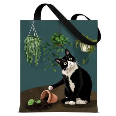 Imagem de QYCFDXD Sacola divertida de lona para mulheres, meninas, jardineiras, gatos e plantas, reutilizável, para compras, viagens, praia