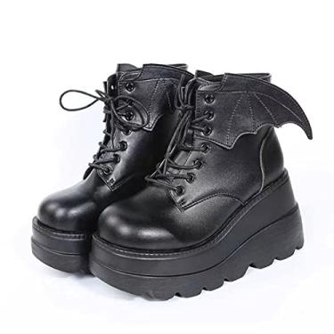 Imagem de Ulalaza Bota feminina Dark Bat Wing Ankle Boots para mulheres com plataforma grossa com bico redondo com cadarço lateral zíper alto bota feminina tecido elástico macio suave para a