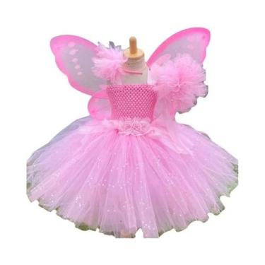 Imagem de Vestido De Fada Rosa Para Meninas Com Glitter, Tutu, Flor, Asa E Laço 
