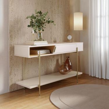 Imagem de Aparador Mesa Estreita com 1 Porta Basculante Sena Pés de Metal Off White Matte Freijó Colibri