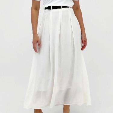 Imagem de Saia Malwee Midi Tecido com Cinto Feminina, P, Branco