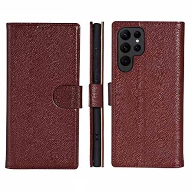 Imagem de Capa para Samsung Galaxy S22/S22+/S22 Ultra, Capa de couro legítimo fina com suporte slot para cartão de crédito Proteção de câmera à prova de choque Flip Carteira Capa, Marrom, S22+ 6,5 polegadas