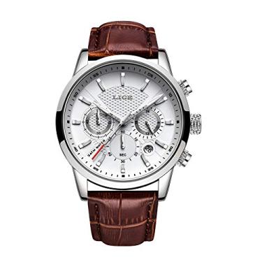 Imagem de LIGE Relógio masculino, moderno, luxuoso, analógico, de quartzo, para homens, esportivo, militar, à prova d'água, cronógrafo, clássico, casual, de couro marrom, vestido de pulso
