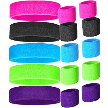 Imagem de Bandanas e pulseiras dos anos 80, faixas de suor neon dos anos 80, conjuntos de faixa de cabeça e pulseira esportivas em 5 cores rosa, preto, azul claro, verde neon e roxo