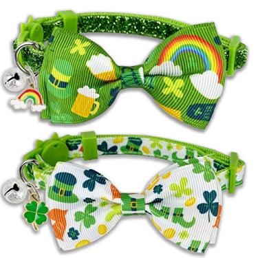 Imagem de Pohshido Gola de gato St. Patrick's com gravata borboleta e sino, Kitty Kitten Breakaway Lucky Irish Shamrock Collar para meninas e meninos e mulheres gatos