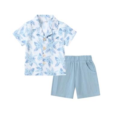 Imagem de YALLET Roupas infantis para meninos, roupas de verão, manga curta, camisa de botão + shorts, roupa casual para bebês meninos de 1 a 5 anos, Estampas azuis, 2-3 Anos