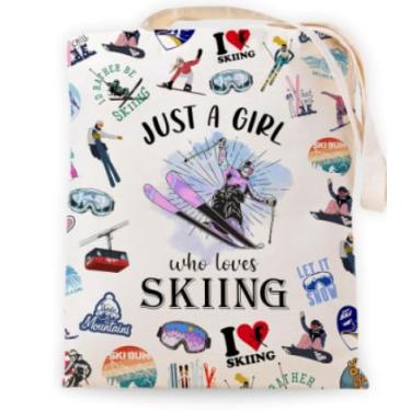 Imagem de RBAFAO Just a Gi who loves Sport, sacola personalizada para presentes de aniversário, formatura, presente para amantes de esportes, bolsa de lona para mulheres irmãs amigas (esqui), Bege