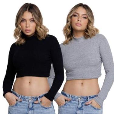 Imagem de KIT 2 Cropped Manga Longa Canelado Gola Alta Bella Fiore Conforto Blogueira Moda Casual-Feminino