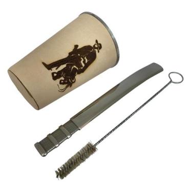 Imagem de Kit tereré copo de couro legítimo cru 200ml + bomba inox de tela cláss