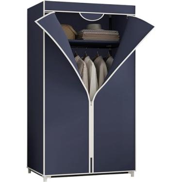 Imagem de HLMSRXJ Guarda-roupa de lona, ​​prateleiras de guarda-roupa portáteis com trilho suspenso, prateleiras, capa de tecido, organizador de armazenamento de armário de roupas, azul, 150x55x45
