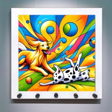 Imagem de Quadro Porta-chaves Decorativo para Parede com Penduradores de coleiras e chaves, com Imagem de cachorro, Estilo obra de arte. Ideais para Amantes de Cães, Decoração de Arte de Cães (Abstrato 2 Filhotes Colorido)