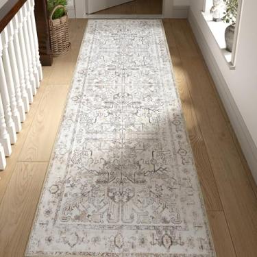 Imagem de jinchan Tapete de corredor lavável 5 x 20 cm - floral vintage, antiderrapante, macio, ultrafino, de lã sintética, tapete de cozinha para casa de fazenda, quarto, lavanderia (0,6 x 2,4 m