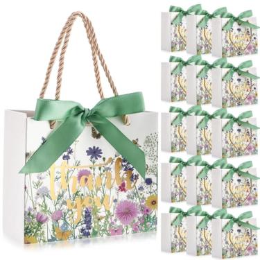 Imagem de Moinchore Pacote com 40 sacos de presente de flores silvestres de primavera com alças pequenas caixas de lembrancinhas de festa de agradecimento, mini sacos de presente florais a granel para artigos