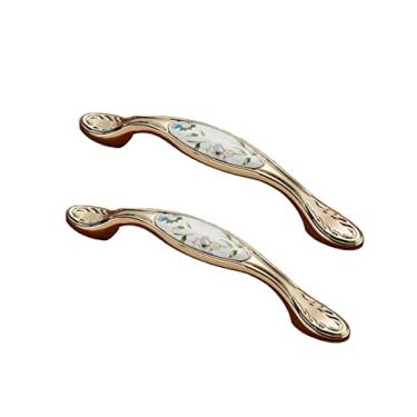 Imagem de Puxador de armário retrô padrão floral puxadores de armário de cerâmica puxadores de gaveta para porta de cozinha puxadores de móveis de guarda-roupa (ouro 1 128 mm)